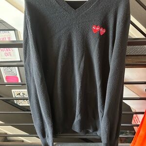 Comme des Garcons Black V-Neck Sweater with Double Red Heart Patch